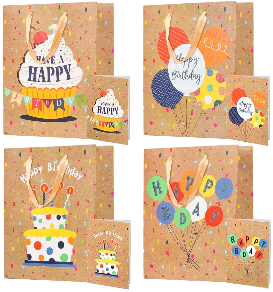 Omgoods - 4 Stuks Grote Gelukkige Cadeautassen - Inclusief Wenskaarten en Handvatten