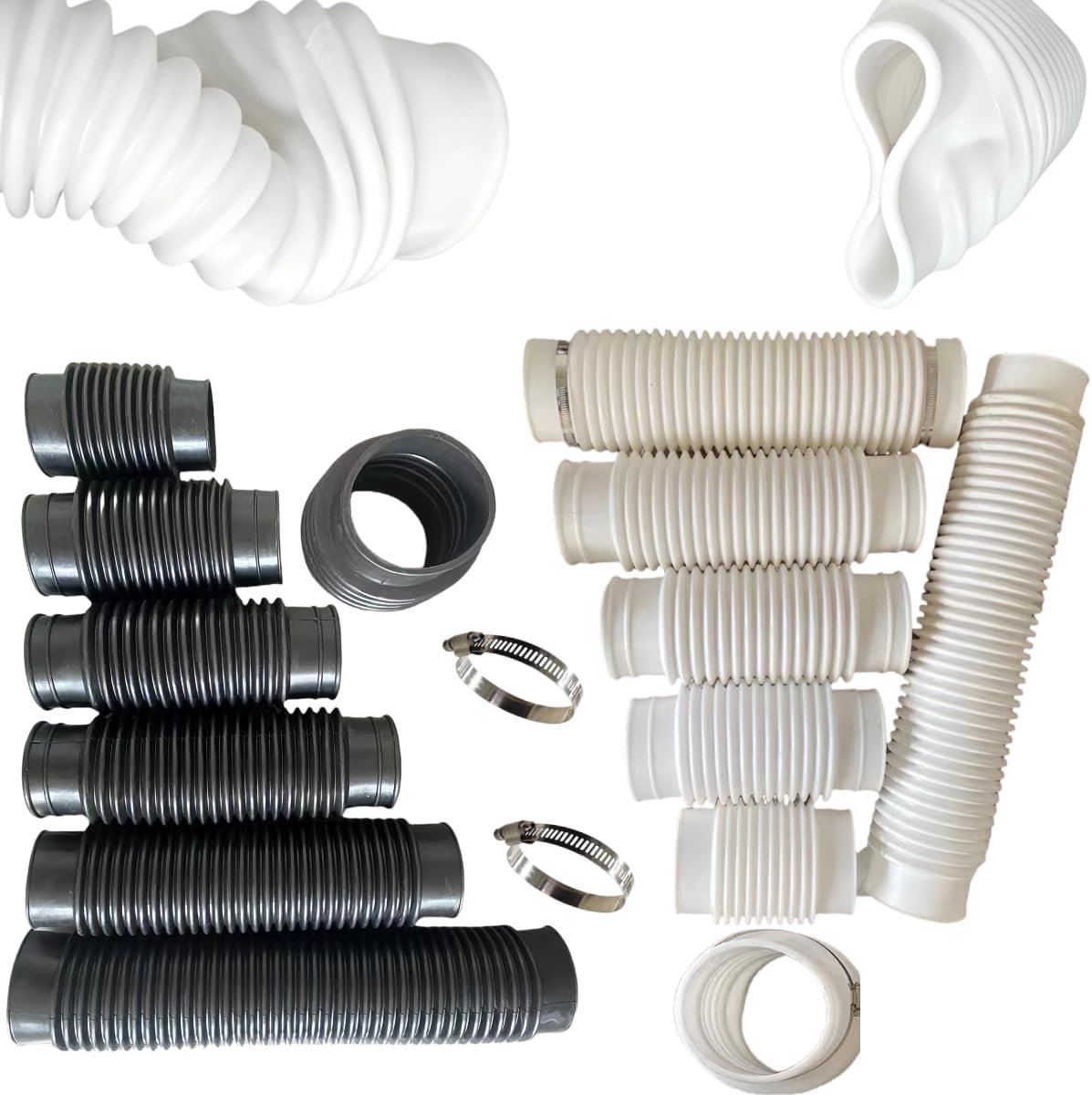 Ø75mm Ø90mm Ø110mm gegolfde rubberen slang, PVC-afvoerbuis, regenwateraansluiting met twee klemmen, rubber/siliconen (zwart rubber, interface I.D. 25mm, lang 250mm)