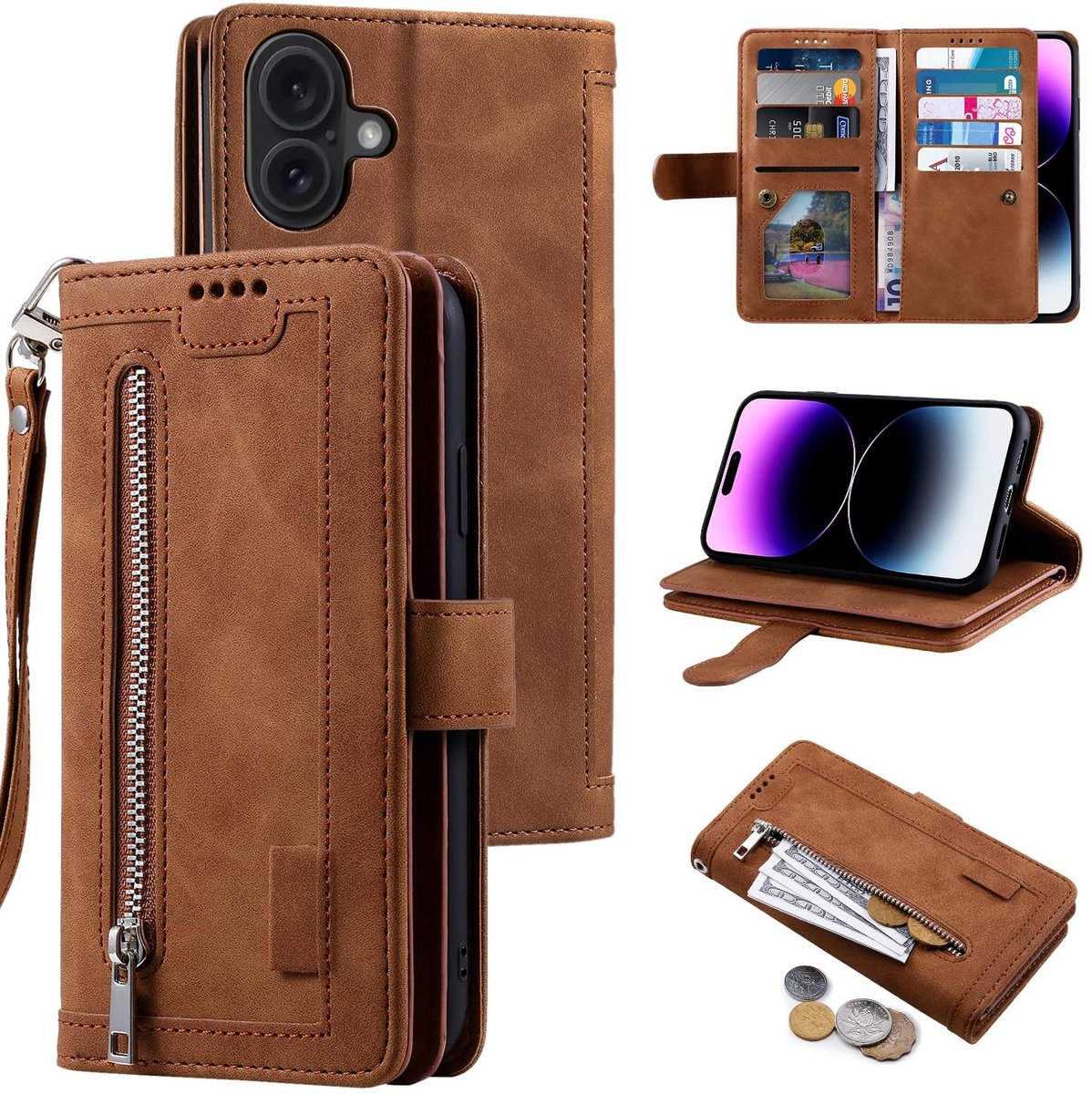 Wallet Phone Case voor iPhone 16 - Retro Matte PU Leather met 9 Kaartsleuven