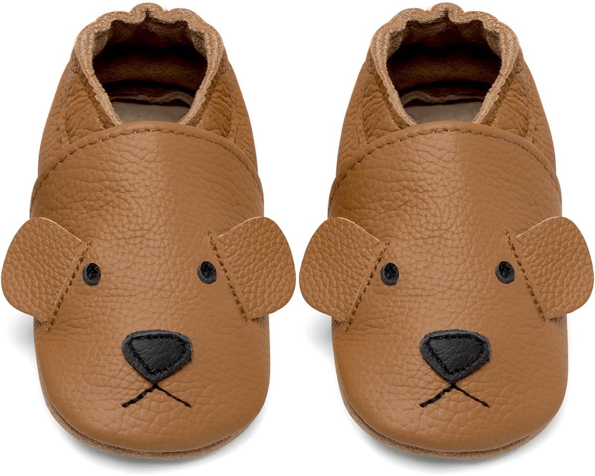 Eerste Babyschoentjes Jongens Meisjes Zacht Leer Zooltjes Babyslofjes(Kurkuma Beer, 6-12 maanden)