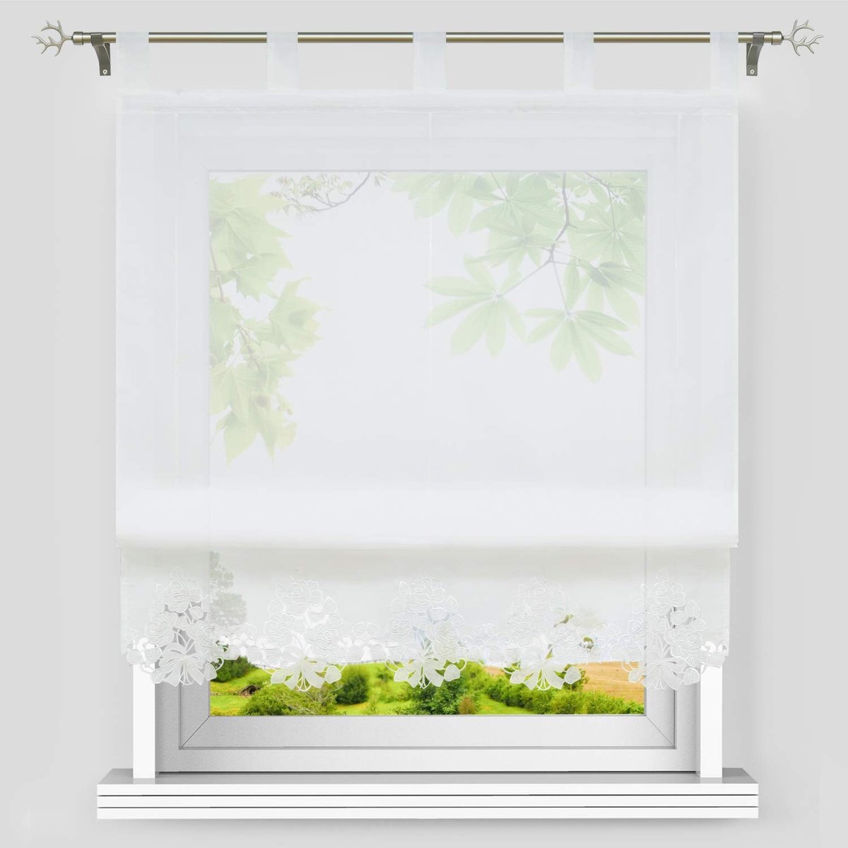 Omgoods - Voile Wit Geplooid Gordijn met Bloemrijke Borduursels - 120 x 155 cm
