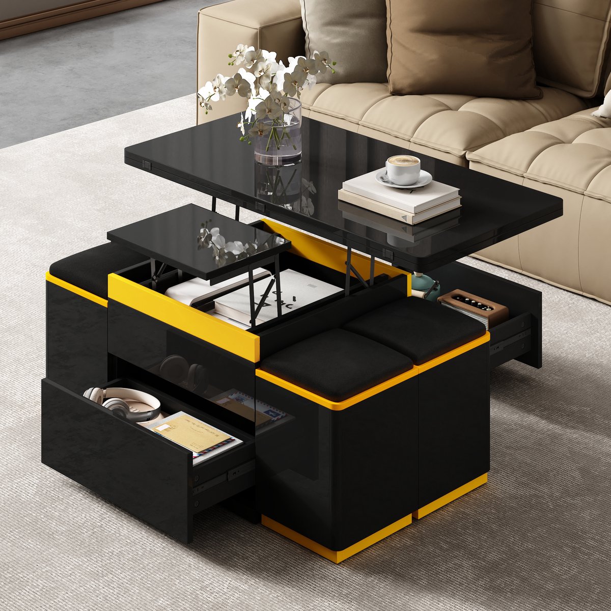 Moderne verstelbare salontafel 100x50x43 cm - stijlvolle bijzettafel - opvouwbare eettafel - woonkamermeubels - zwart
