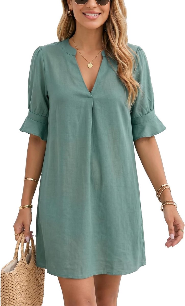 Strandjurk voor dames, korte linnen jurk, V-hals, bikini, cover-up