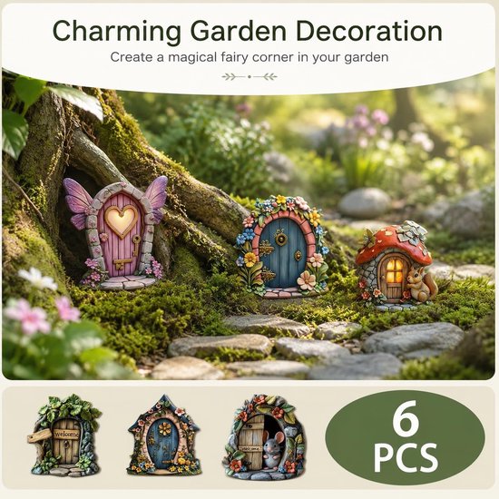 Set van 6 miniatuurtuindeuren van hout, elfendeuren voor binnen en buiten, weerbestendig en gedetailleerd, perfect voor feeëntuin, kinderfeest of als cadeau voor natuurliefhebbers — afbeelding 3