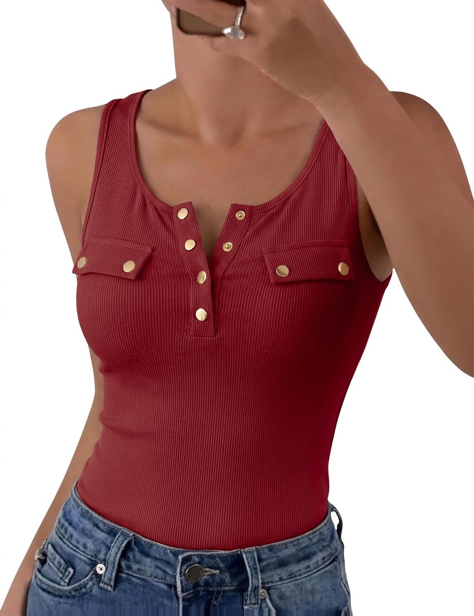 Damestops, sexy, V-hals, tanktop, mouwloos, zomer, bovenstuk, geribbeld, camisole met knopen