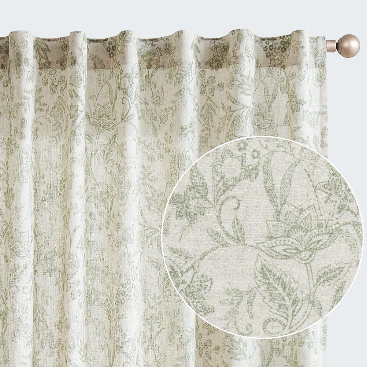Linnen gordijnen 92 inch lang - groene bloemenprint - semi-doorlatend - sfeervolle uitstraling voor woonkamer - ShopVlot