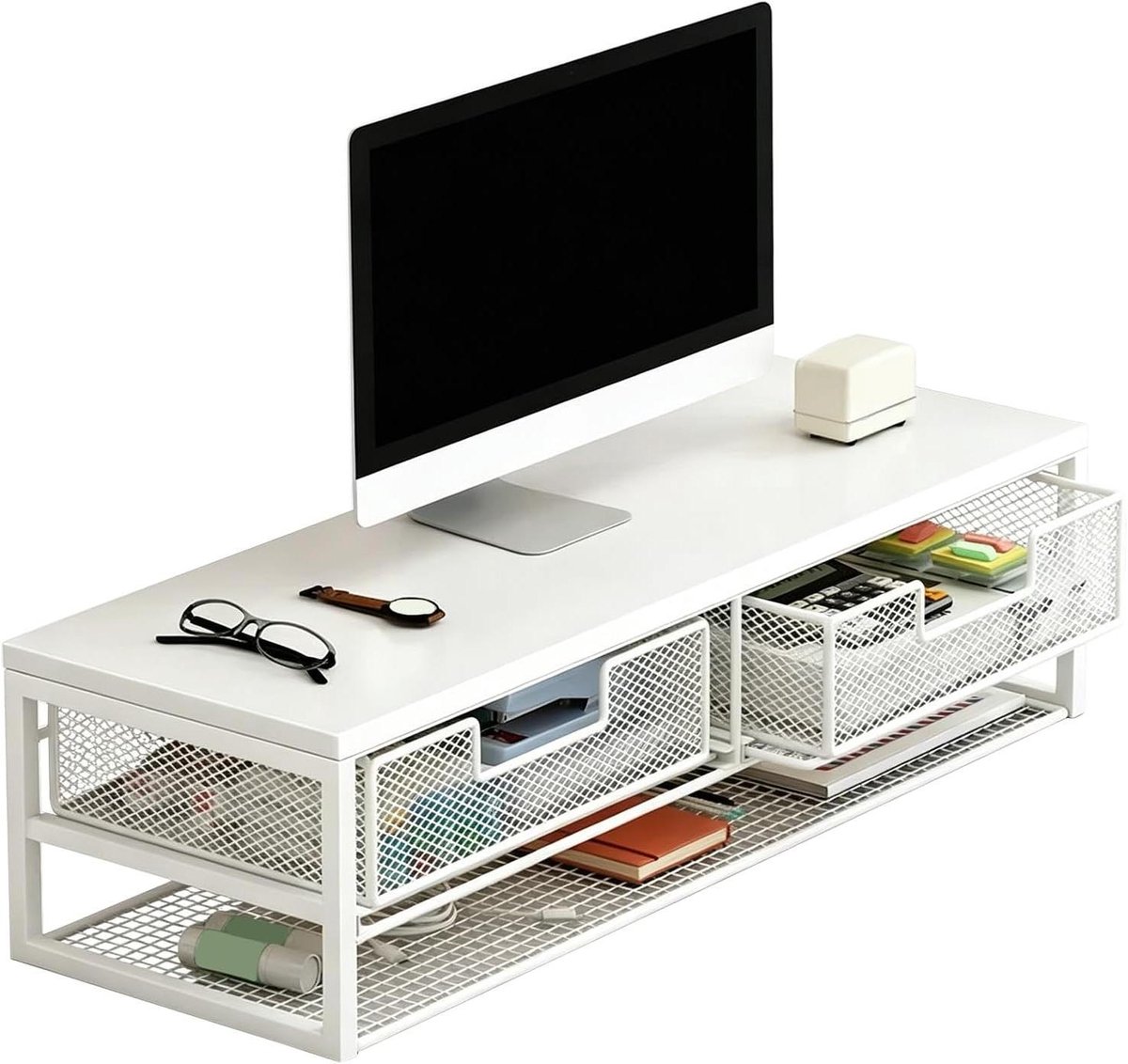 Monitor Riser Bureau - Computer Organizer Plank - Bureau Organiseren - Dubbele Laag - 60 cm - Wit