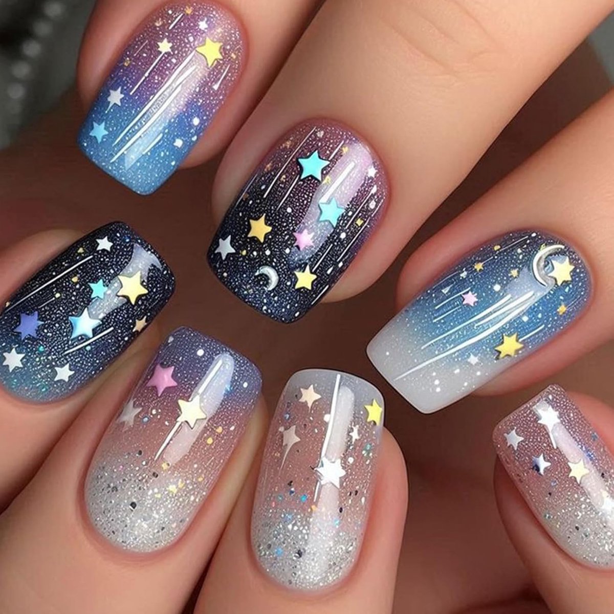 24 stuks vierkante nagels om op te plakken, middellang, glanzend, sterrenhemel, valse nagels, Franse tip, press-on nails, full cover kunstnagels, vierkante vingernagels, namaaknagels voor