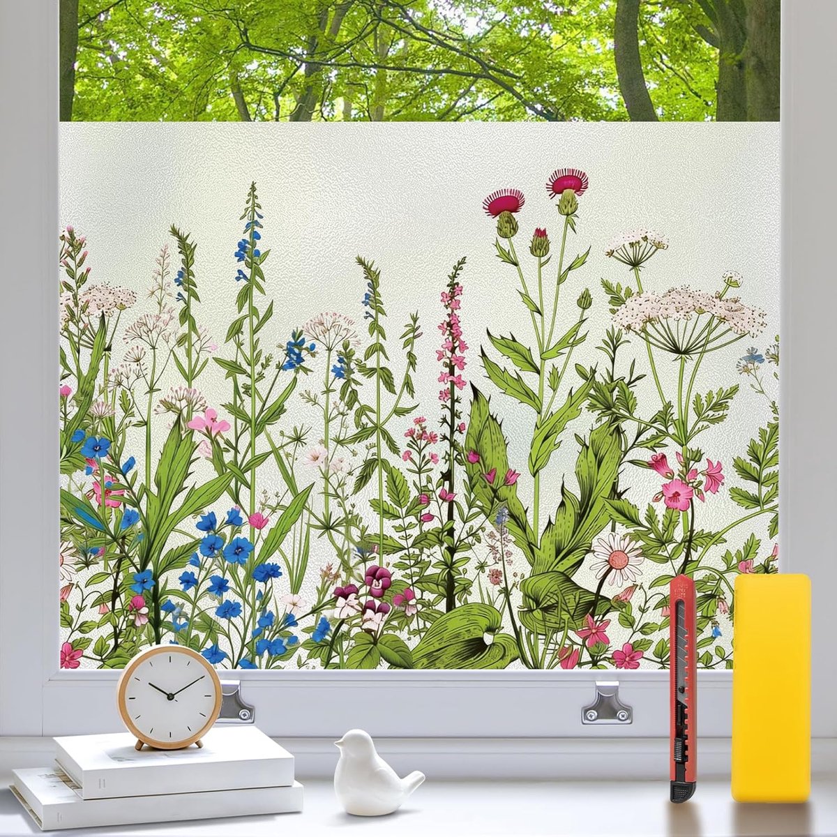 Sticker voor decoratieve kristallen, 90 x 120 cm, statisch vinyl | Natuurlijk licht met wilde bloemen en paardenbloem voor badkamer, keuken en woonkamer