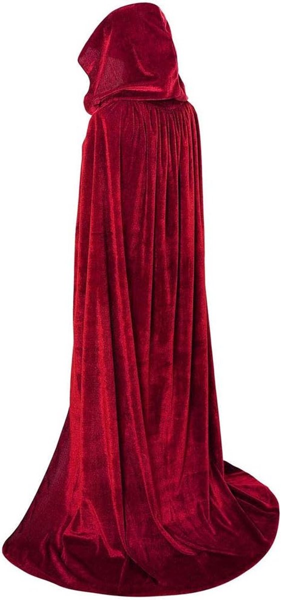 zwart, rood, fluweel, lang, met capuchon, voor Halloween, kostuum, tovenaar, vampier, volwassenen, uniseks