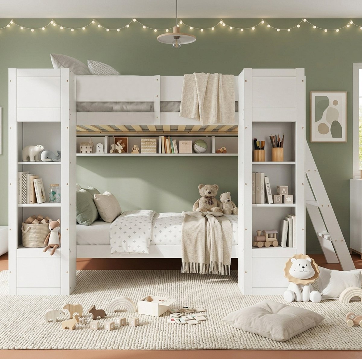 FloraGrace Stapelbed 90x200 cm Met Matras - Kinderbed Met Opbergruimte - Links Of Rechts Monteerbare Ladder - Hout MDF - Wit