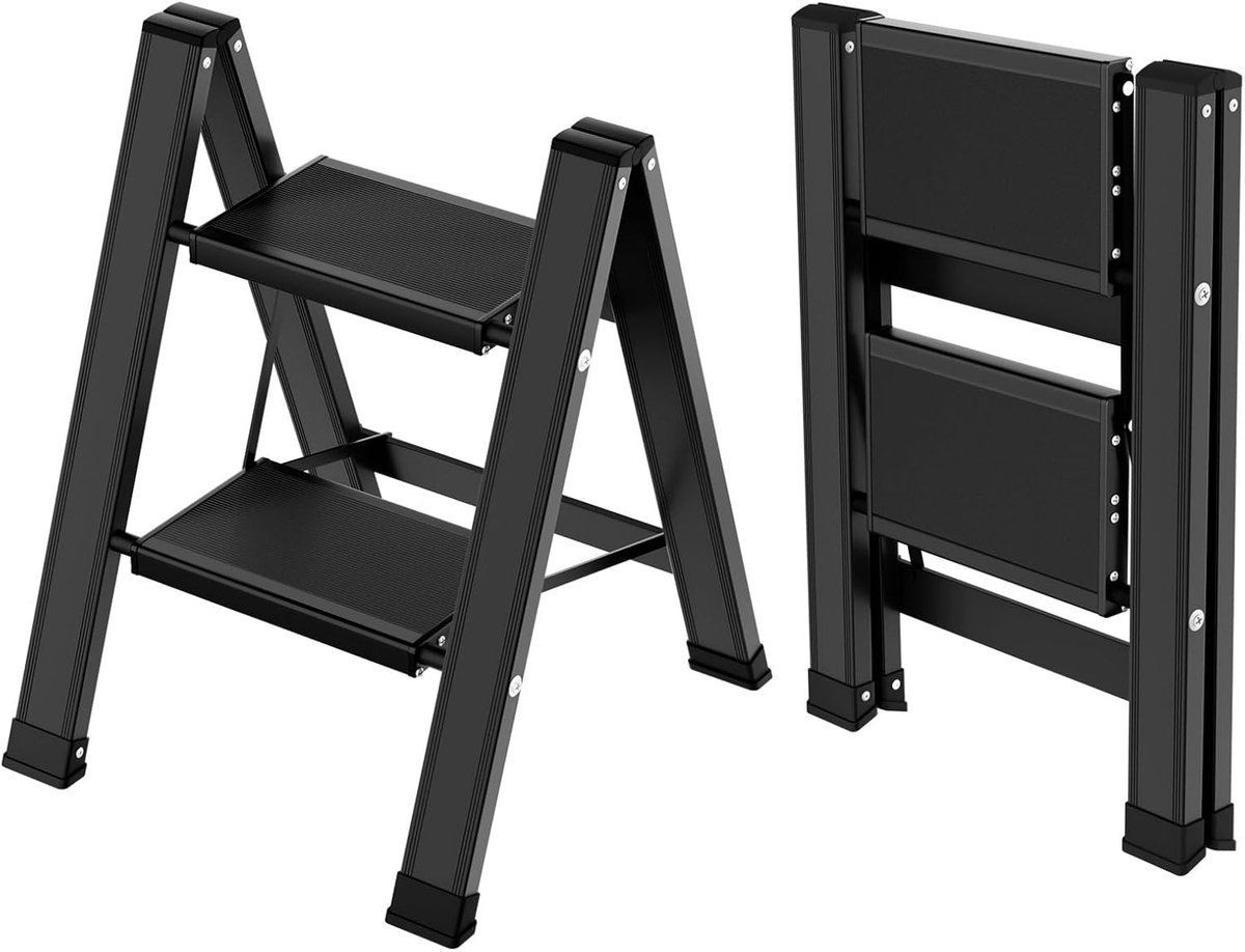 Vouwladder 2 treden - Aluminium - Antislip - Voor keuken en badkamer - SnelShoppen