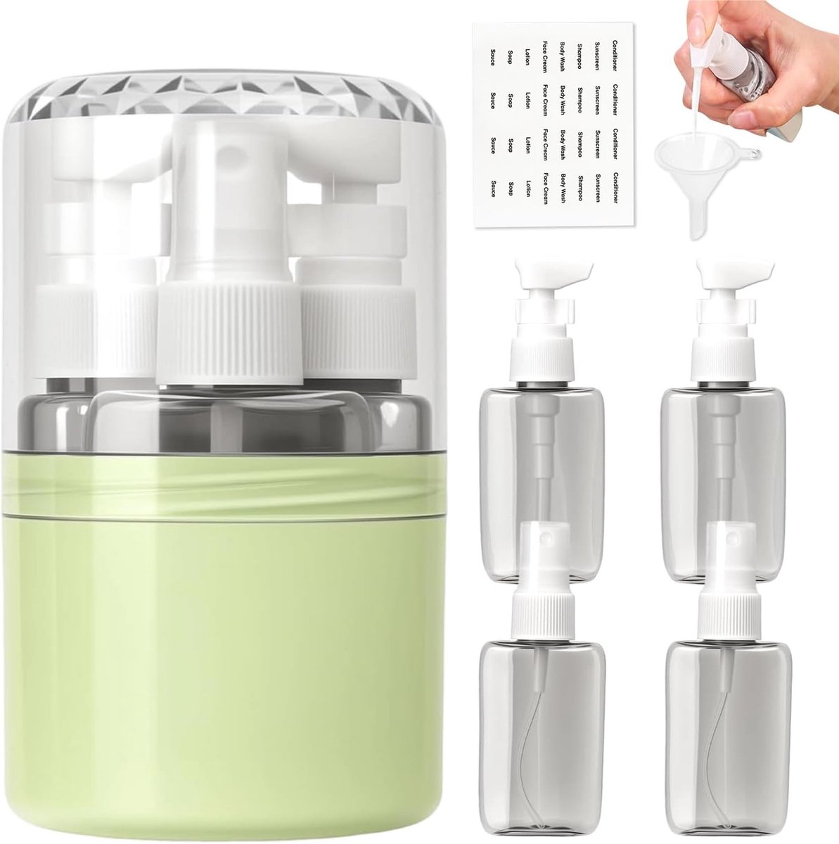 4-in-1 reisdispenser met 4 flessen van 50 ml, 4-in-1 reisdispenser, draagbare reisdispenser, herbruikbare reisdispenser, voor shampoo, conditioner, lotion, crème, douchegel