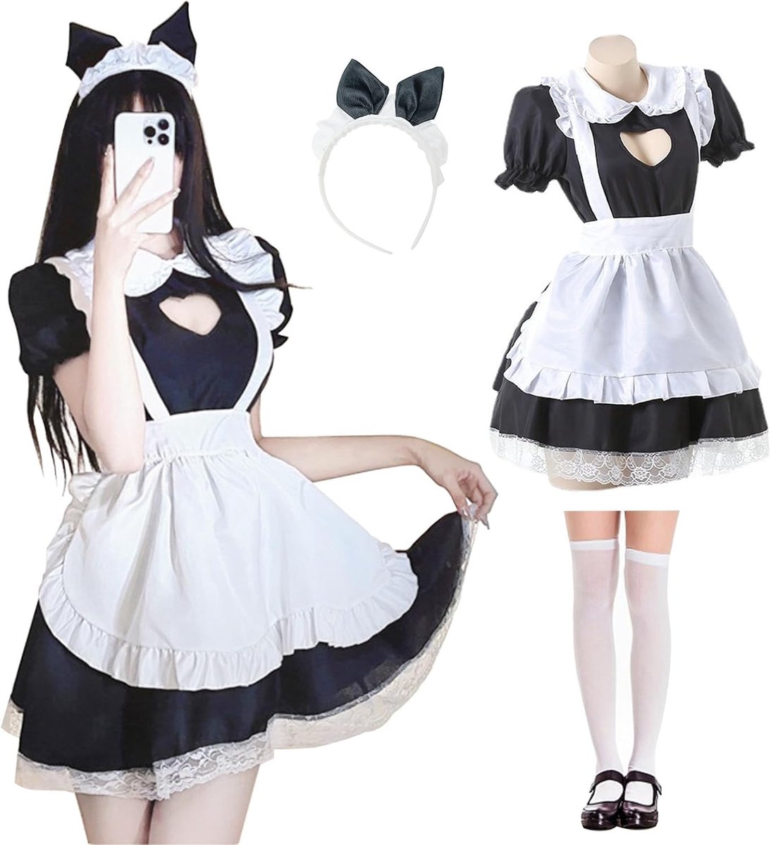 Maid Dress, Maid Outfit Holle Hartvorm, Anime French Dress, Schattige