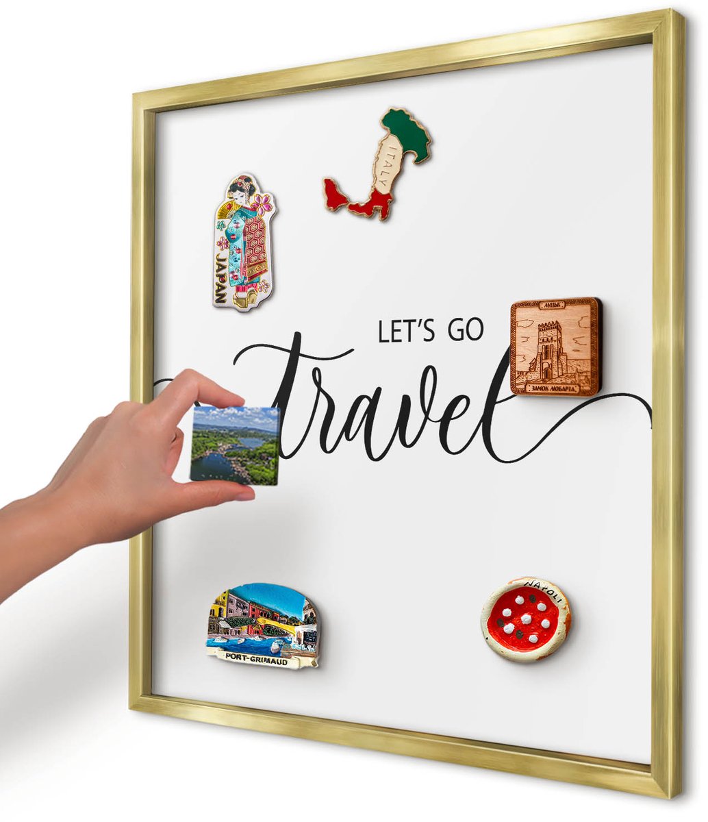 Artprintcave Zwart Magneetbord mit Gouden Frame - 50x50 cm - Laten We Samen Op Reis Gaan Magneetbord Voor Foto's - Typografisch Wandbord Magnetisch - Teksten