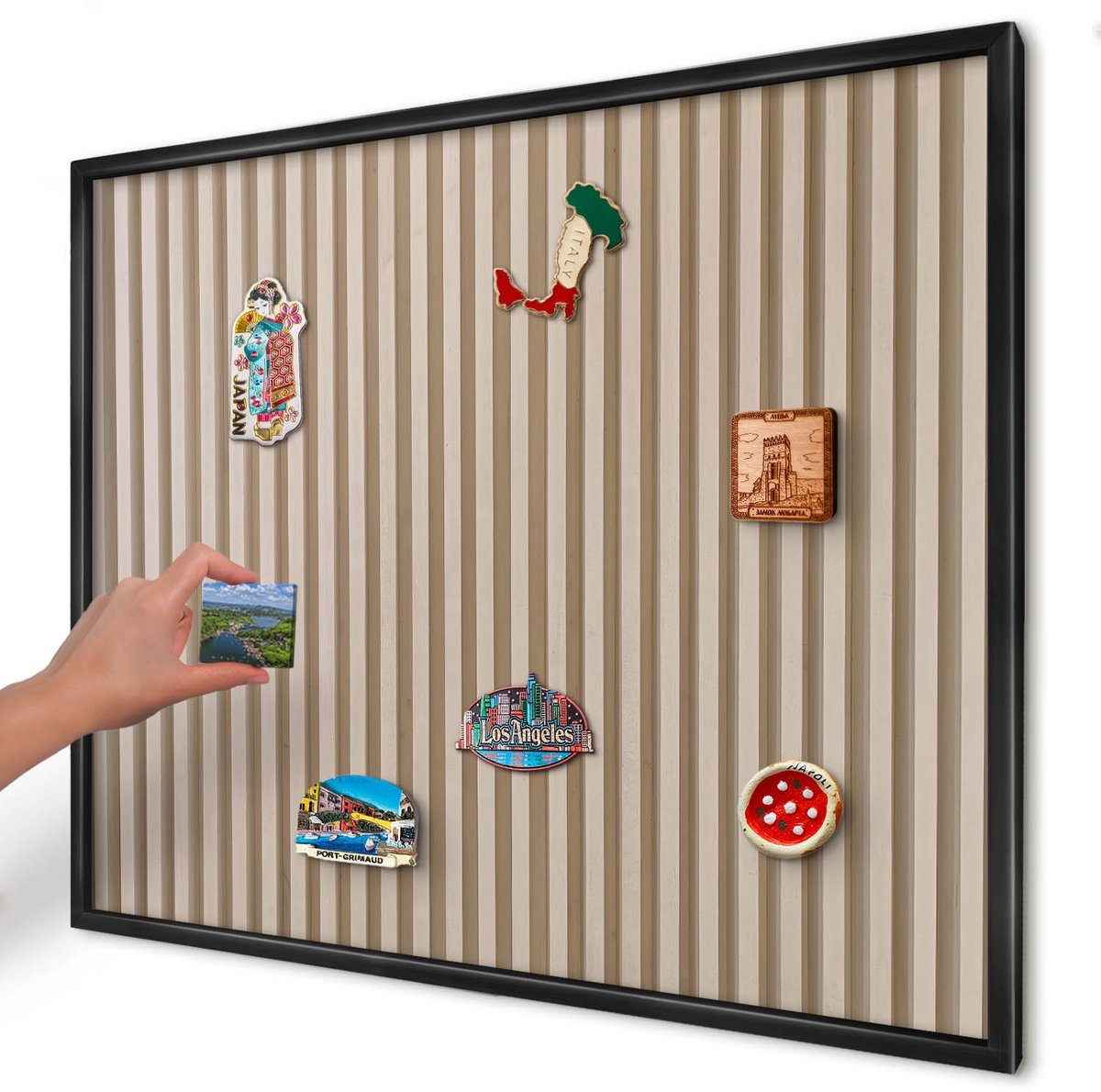 Artprintcave Beige Magneetbord mit Zwart Frame - 80x60 cm - Houten Latten Notitiebord - Minimalist Magnetisch Bord Voor Magneten - Texturen