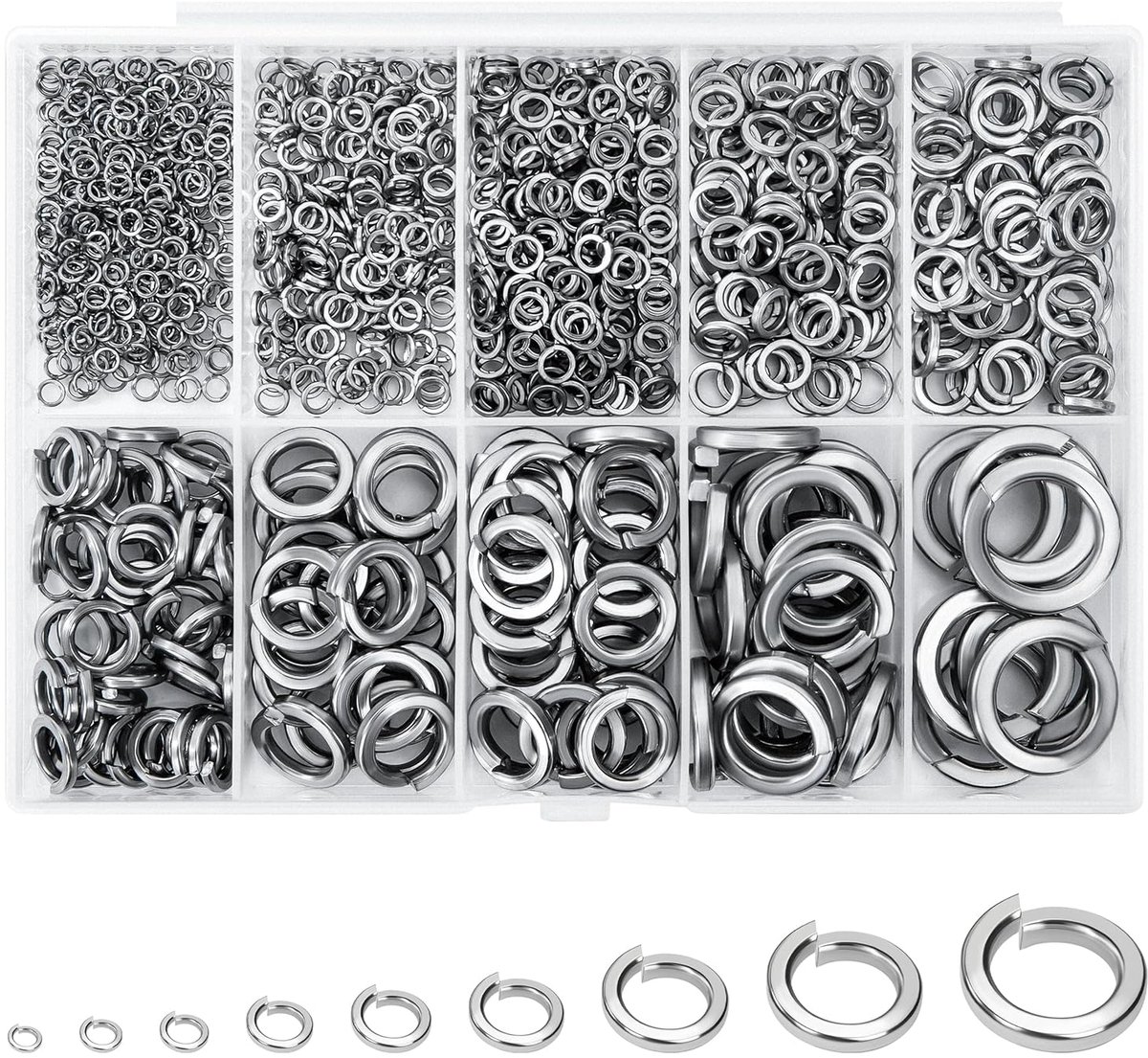 Ringen van roestvrij staal, bijpassende sluitring M2, M2,5, M3, M4, M5, M6, M8, M10, M12, elastische sluitringen voor het vastdraaien van schroeven (1050 stuks)