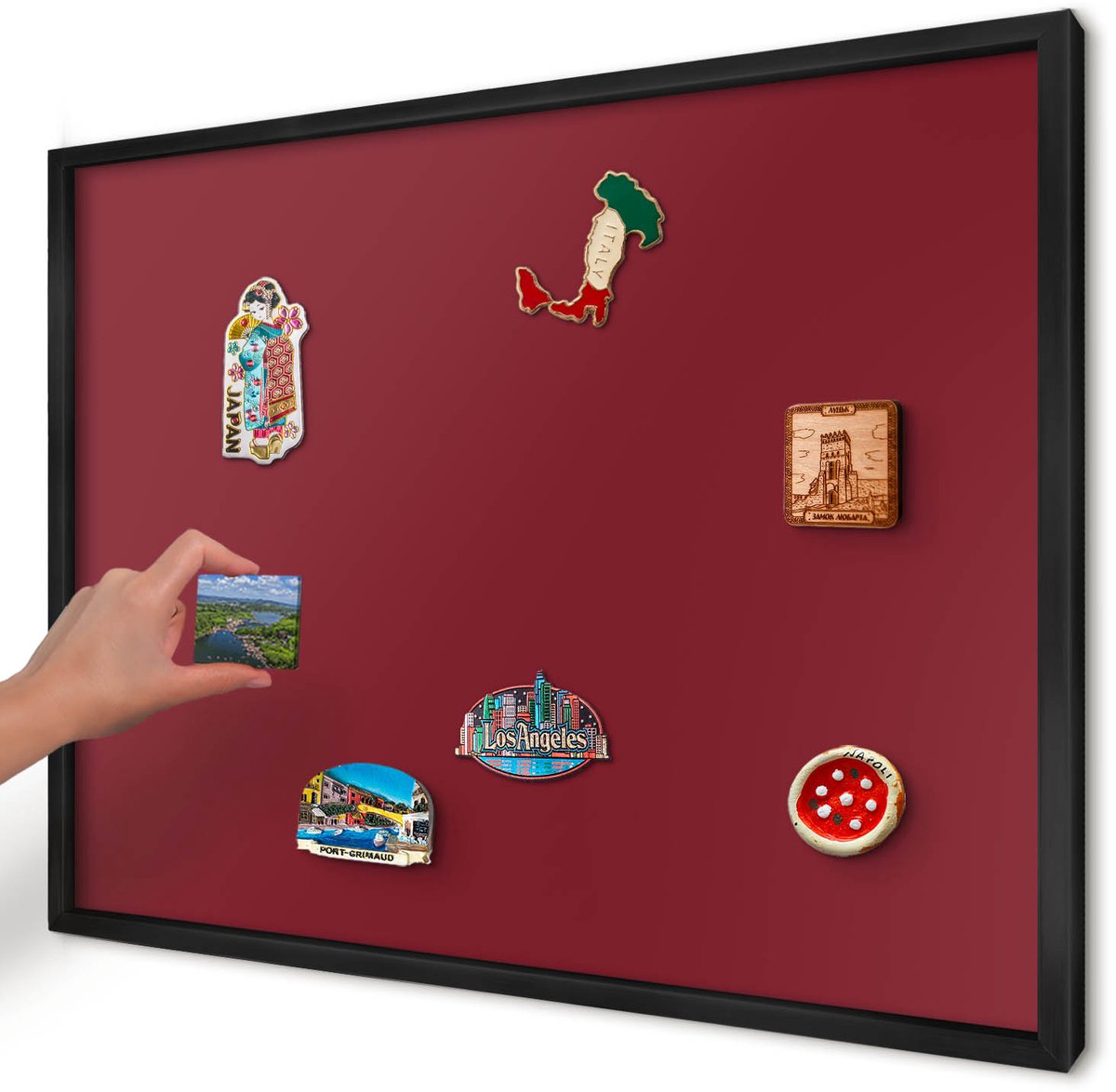Artprintcave Bordeaux Magneetbord mit Zwart Frame - 70x50 cm - Levendig Bordeauxrood Notitiebord - Minimalist Memobord Keuken - Achtergronden En Patronen