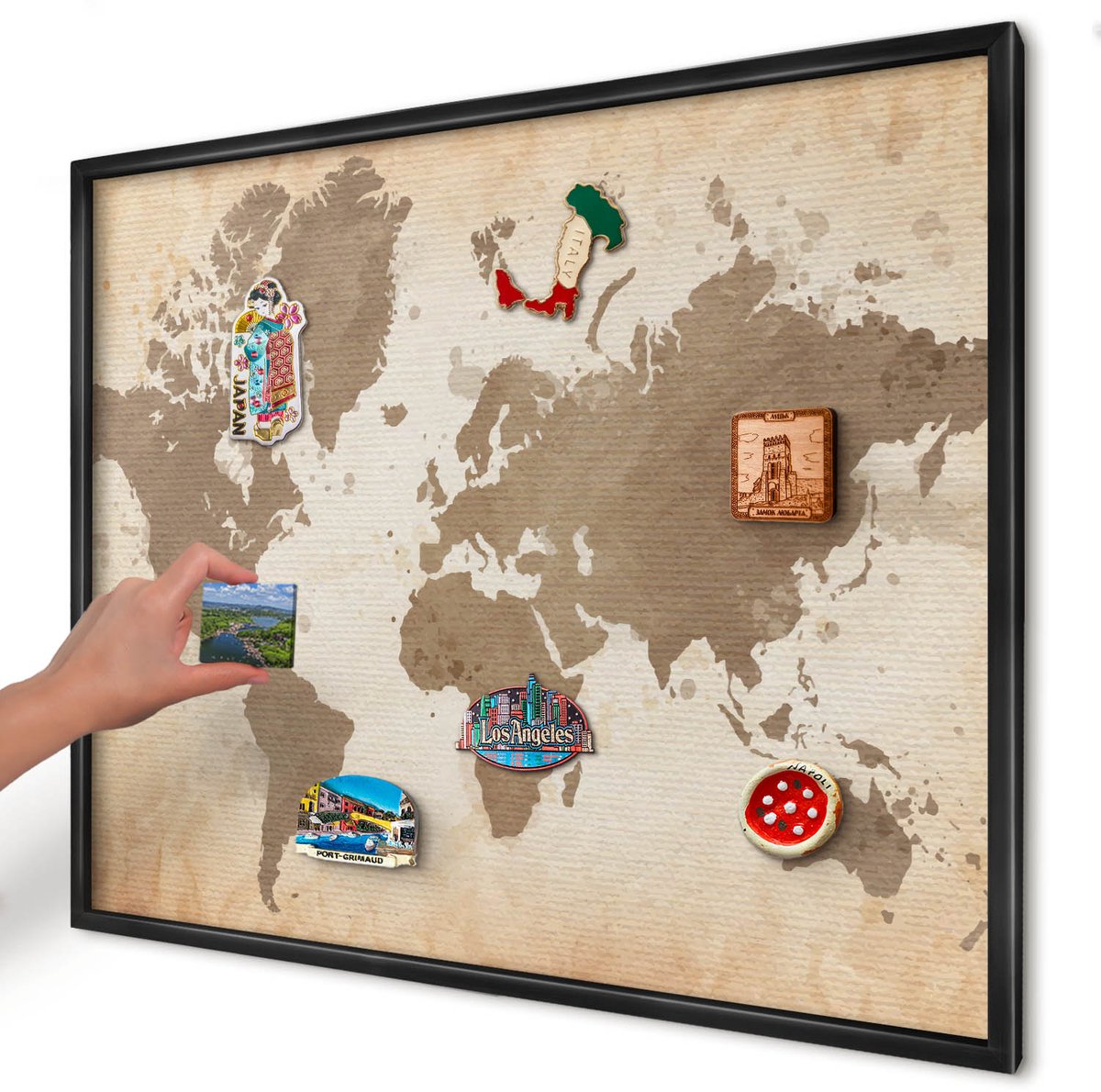 Artprintcave Bruin Magneetbord mit Zwart Frame - 80x60 cm - Wereldkaart Wandbord Magnetisch - Vintage Magneet Bord mit Frame - Kaarten