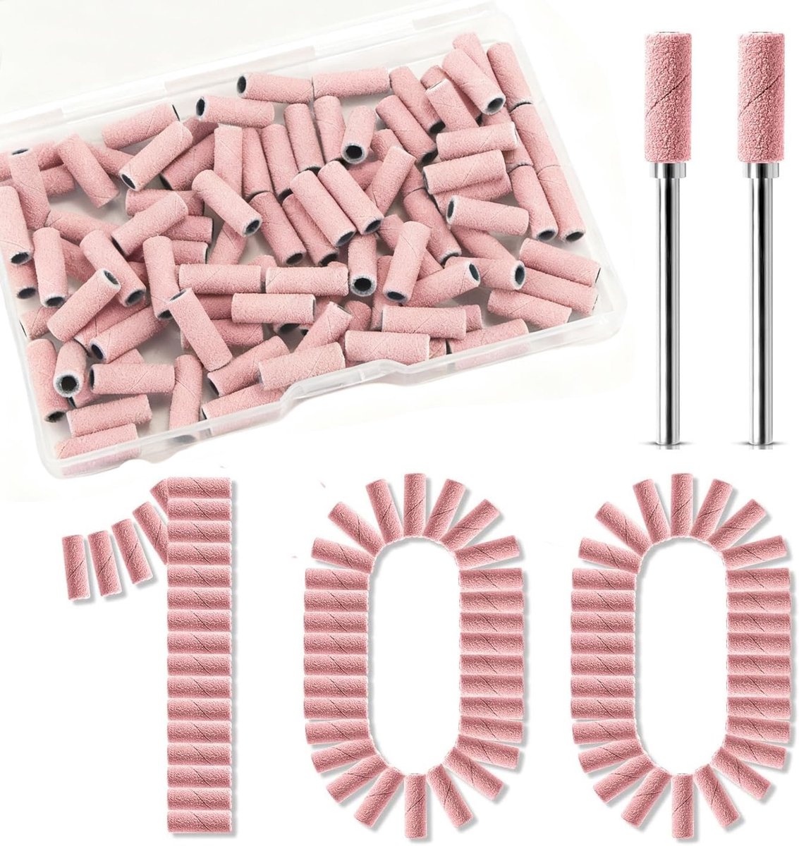 Schurende caps voor nagelboor (3,1 mm, 180 grit) - 100 stuks met opbergdoos - Voor gelpolish verwijdering - ShopVlot