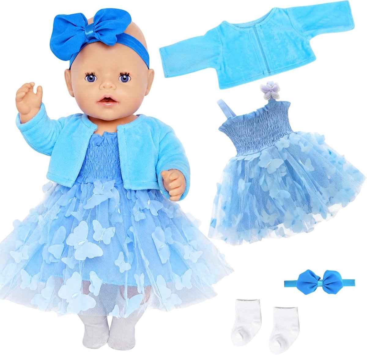 5-delige set met poppenvormige blauwe mantel en tule rok voor kinderen en poppenaccessoires