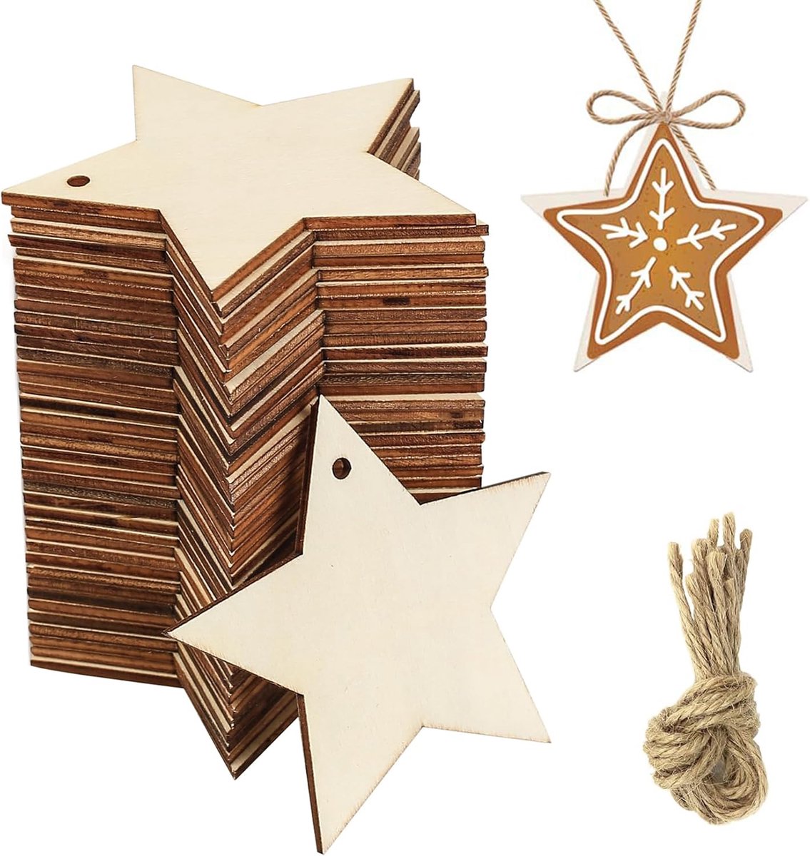 SnelShoppen - 40 Stukken Houten Kerststerren voor Knutselen, Houten Hangers voor Schilderen, Kerstboomdecoraties voor Kerstversiering, Met Jute Touw