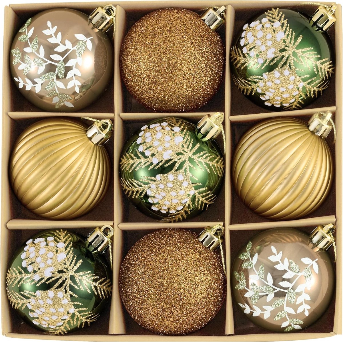 Kerstballen Set van 9 Stuks, 6 cm, Plastic Versieringen voor de Kerstboom, Decoratie met Hangers in Bos Thema (Bronzegroen)