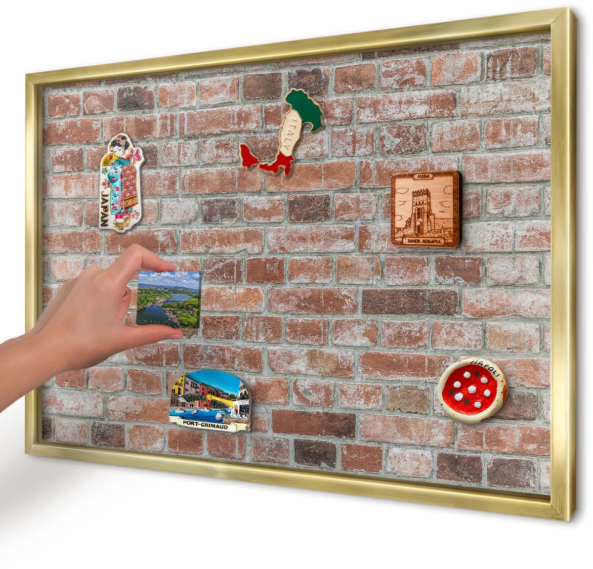 Artprintcave Rood Magneetbord mit Gouden Frame - 60x40 cm - Bakstenen Muur Magnetisch Bord - Industrieel/Loft Magneetbord Voor Keuken - Texturen