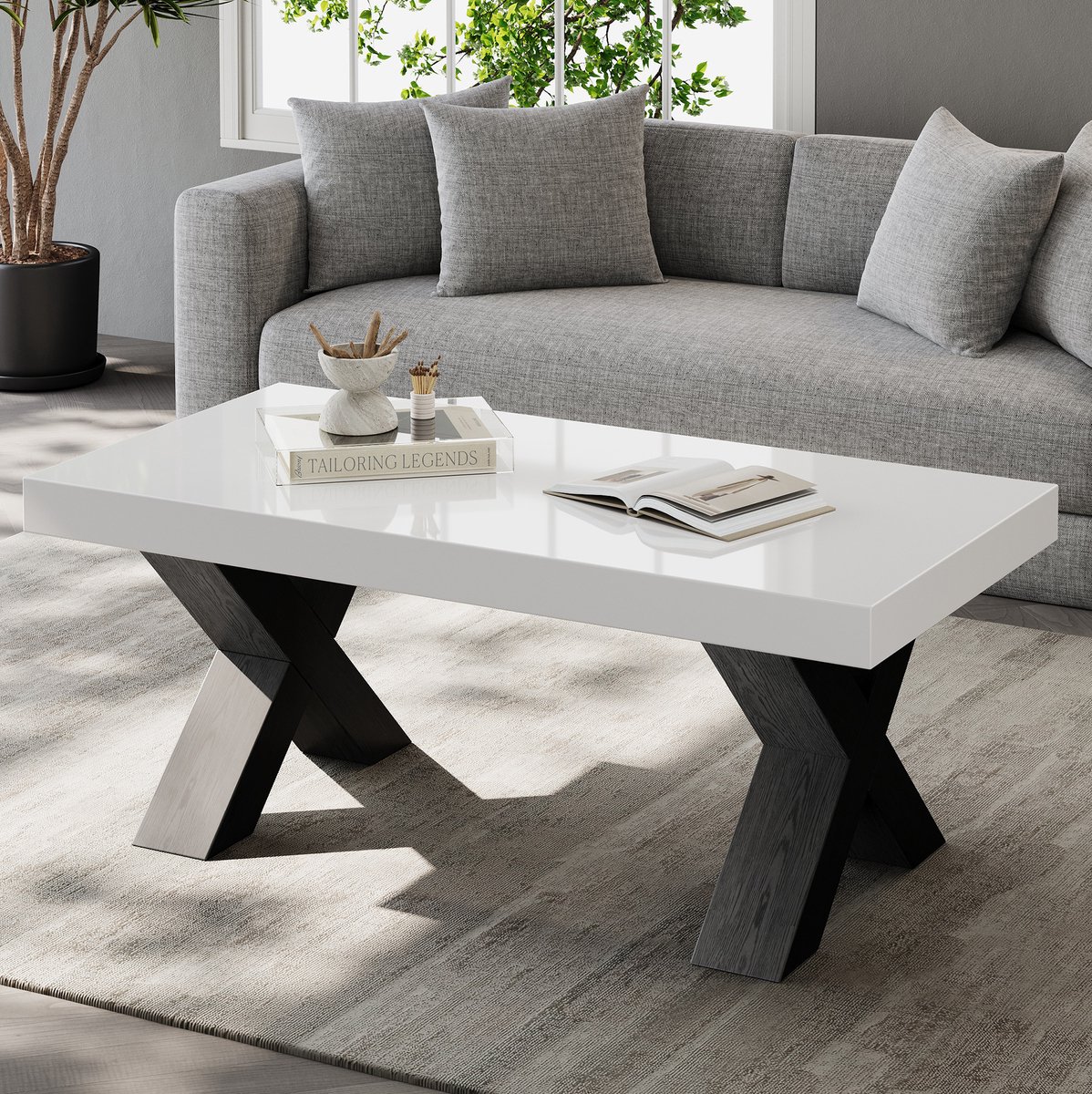 MIVRAY Salontafel Hoogglans Rechthoekig Ontwerp Met X Vormige Poten Voor Woonkamer Balkon En Werkkamer MDF Wit Zwart 100 X 50 X 40 Cm