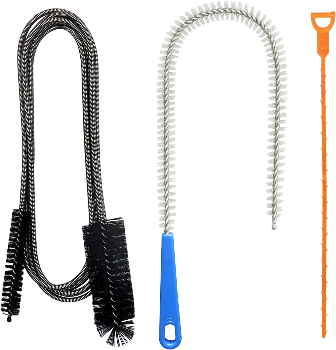 Afvoerreiniger spiraal, dubbele kop buisreinigingsborstel, roestvrij stalen kanaalreiniger, afvoerreiniger, sticks, flexibele reinigingsborstel, brede buizen, kanalen