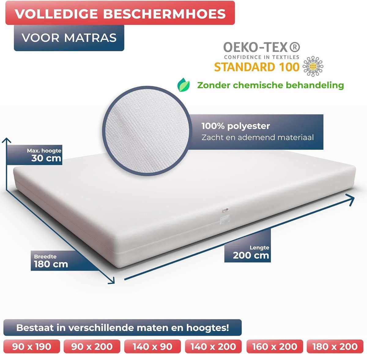Volledig Omhulde Matrashoes - Waterdicht - Bedwantsen & Stofmijt Bescherming - Met Ritssluiting - 180x200 cm