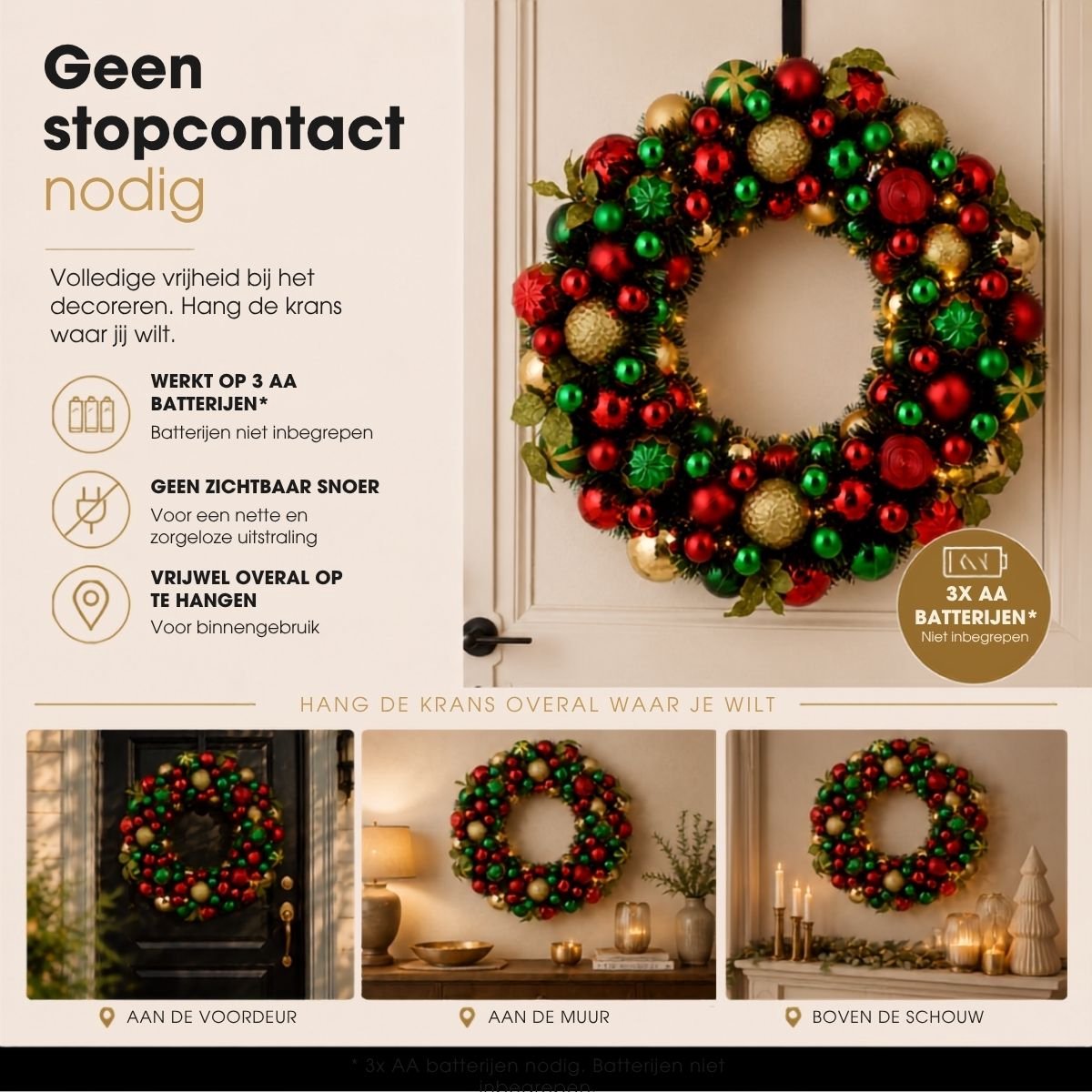 Mica Decorations Kerstkrans met Verlichting - Deurkrans H8,5 x Ø47 cm - Kerst Krans met Timer en Kerstballen - Multifunctionele Kerstversiering - Goud, Groen en Rood – foto 4