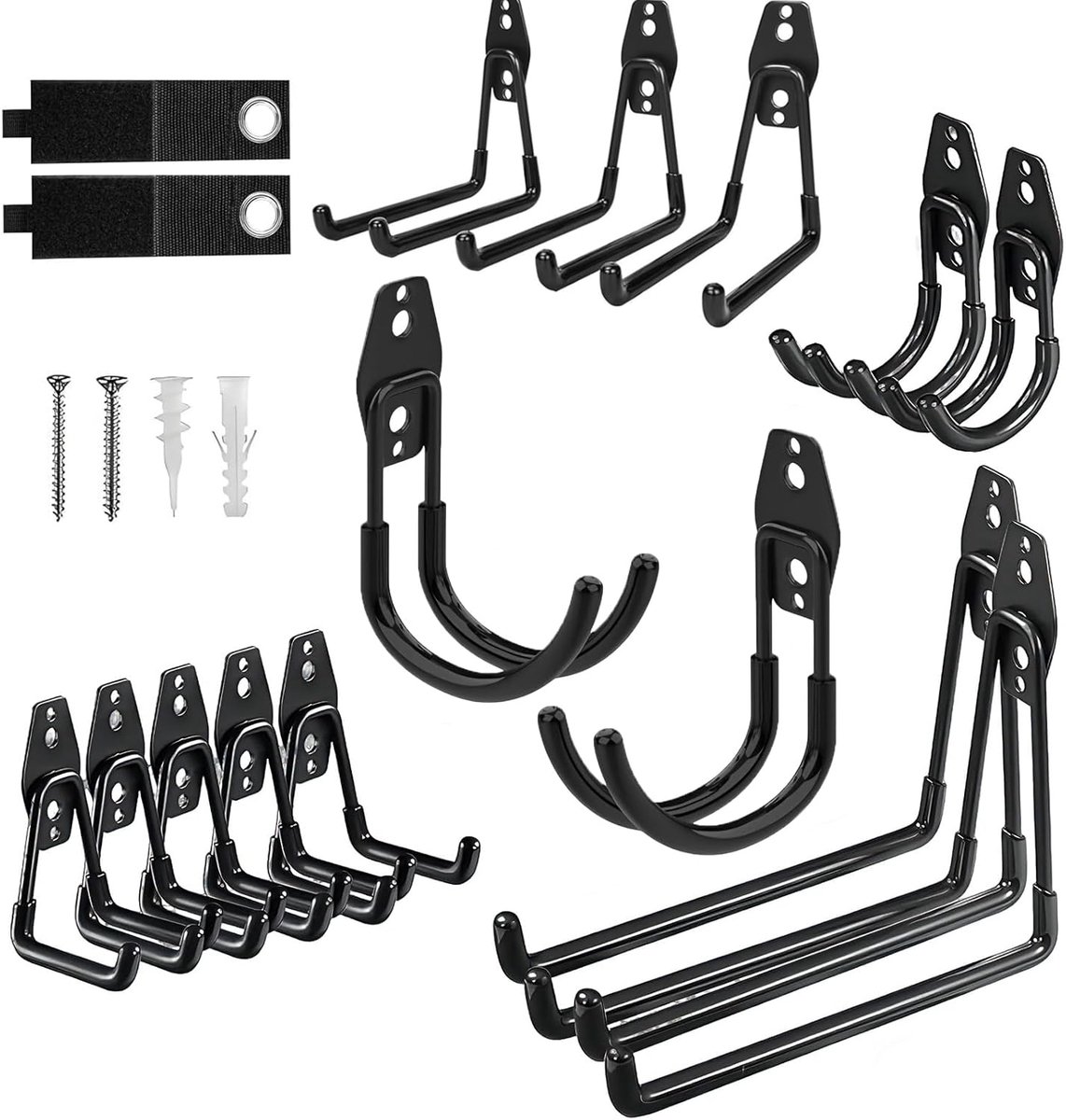 SnelShoppen - Wandhaken Garage 14 Stuks Zware Belastinghaken Set met Antislipcoating, Fietshouder, Gereedschapshouder, Ladderhaken, Muurhaken, Zwart
