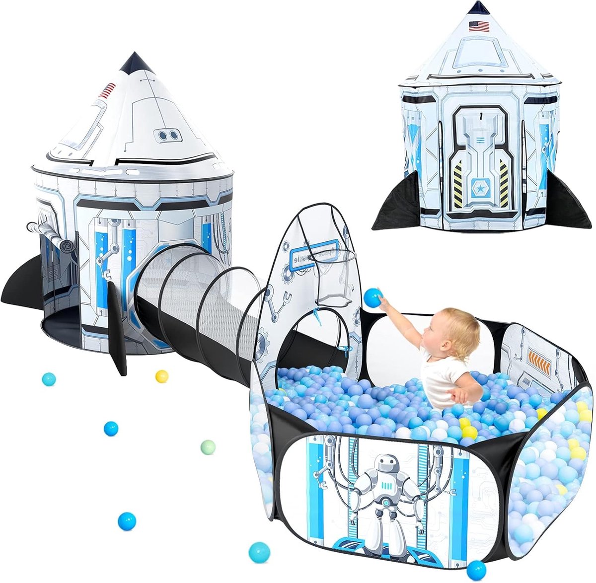 Pop-up Tent voor Kinderen + Speeltunnel + Ballenbak - 3-in-1 Speeltent voor Peuters Jongens Meisjes - Grote Speelhuis Binnen Buiten Speelgoed (Rakettent)