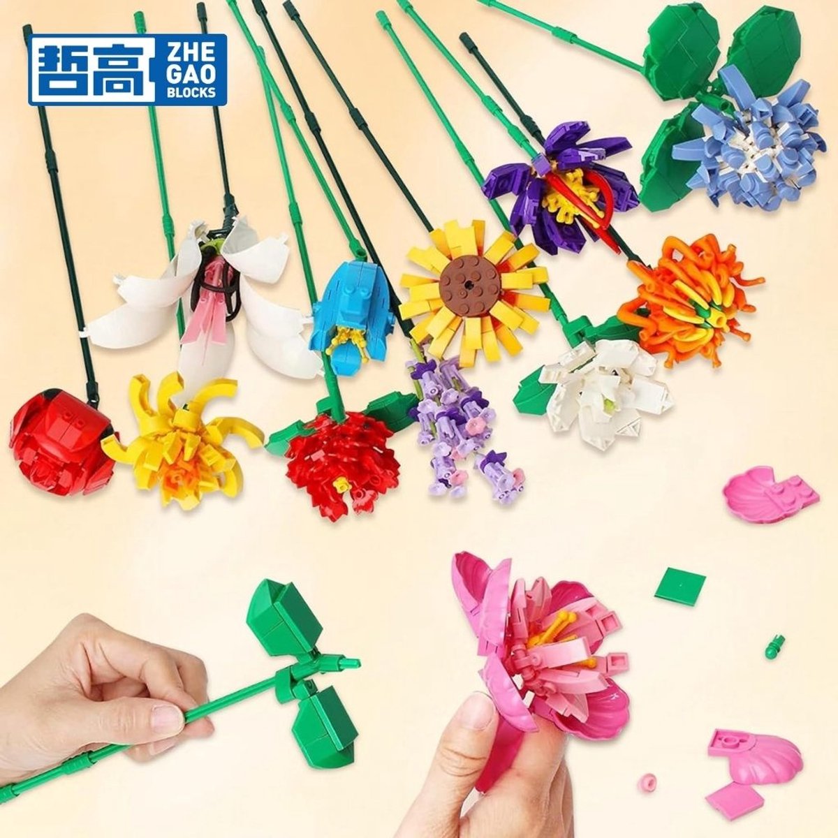 Zhe Gao 11053 Cluster Boeket bloemen bouwset | Botanical Flowers Collection modelbouw | Classic Creator STEM speelgoed bouwpakket voor volwassenen en kinderen | Educatief decoratie kunstbloemen niet geschikt voor Lego | bouwdoos met 1064 bouwstenen — afbeelding 9