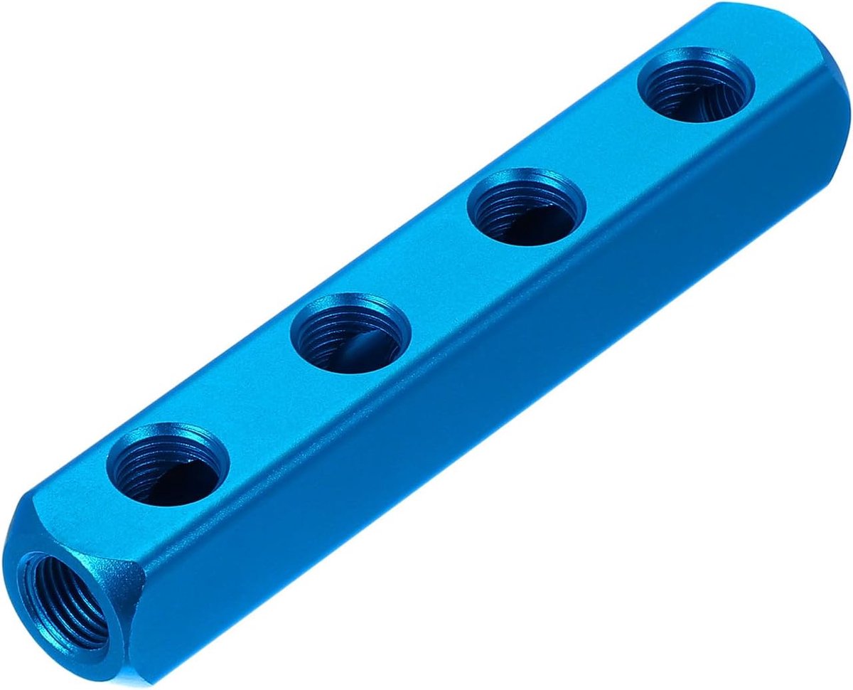 Luchtspruitstuk, 4-weg 7-poorts PT 1/4 "aluminium luchtslang inline spruitstuk blok splitter pneumatische luchtcompressor distributie montage, blauw