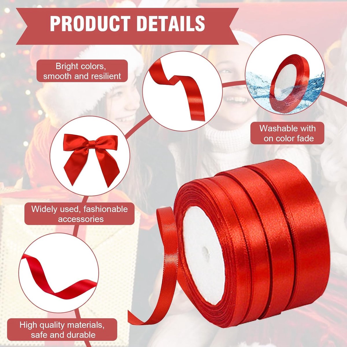 4 rollen rood, eenzijdig kleurlint, lint, 6/10/15/20 mm, duurzaam