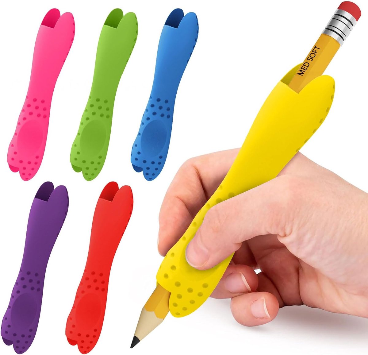 6-pack siliconen potloodgrip voor kinderen en volwassenen, ergonomische anti-sliptextuur voor schrijvers en tekenaars, dubbelzijdig ontwerp voor links- en rechtshandigen