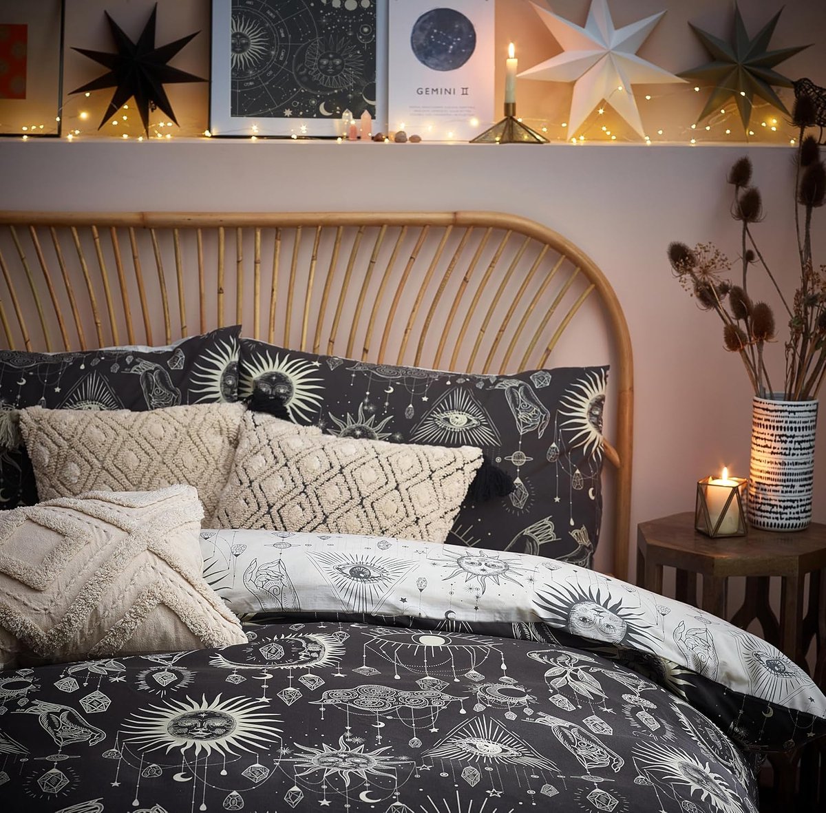 SnelShoppen - Dekbedovertrek set Constellatie, polycotton, multicolor, tweepersoons, met sterren en maan, zachte stof, inclusief 2 kussenslopen 50 x 7