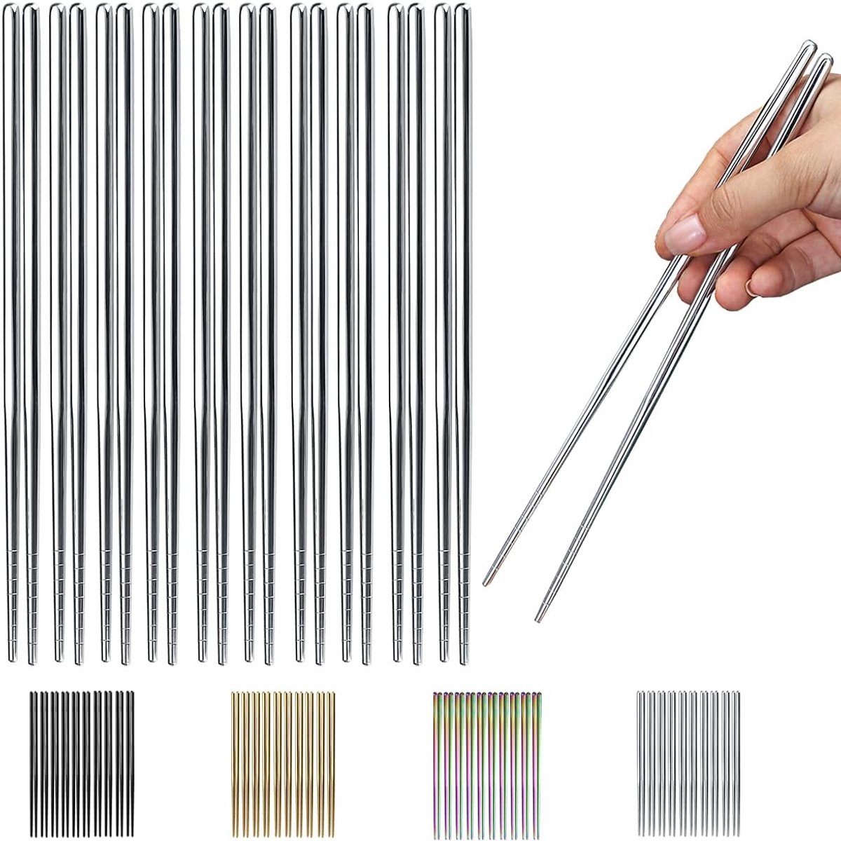 SnelShoppen - 10 Pairs Herbruikbare RVS Chopsticks - Stijlvolle Japanse, Chinese & Koreaanse Eetstokjes - Vaatwasserbestendig, 20.8cm - Zilver
