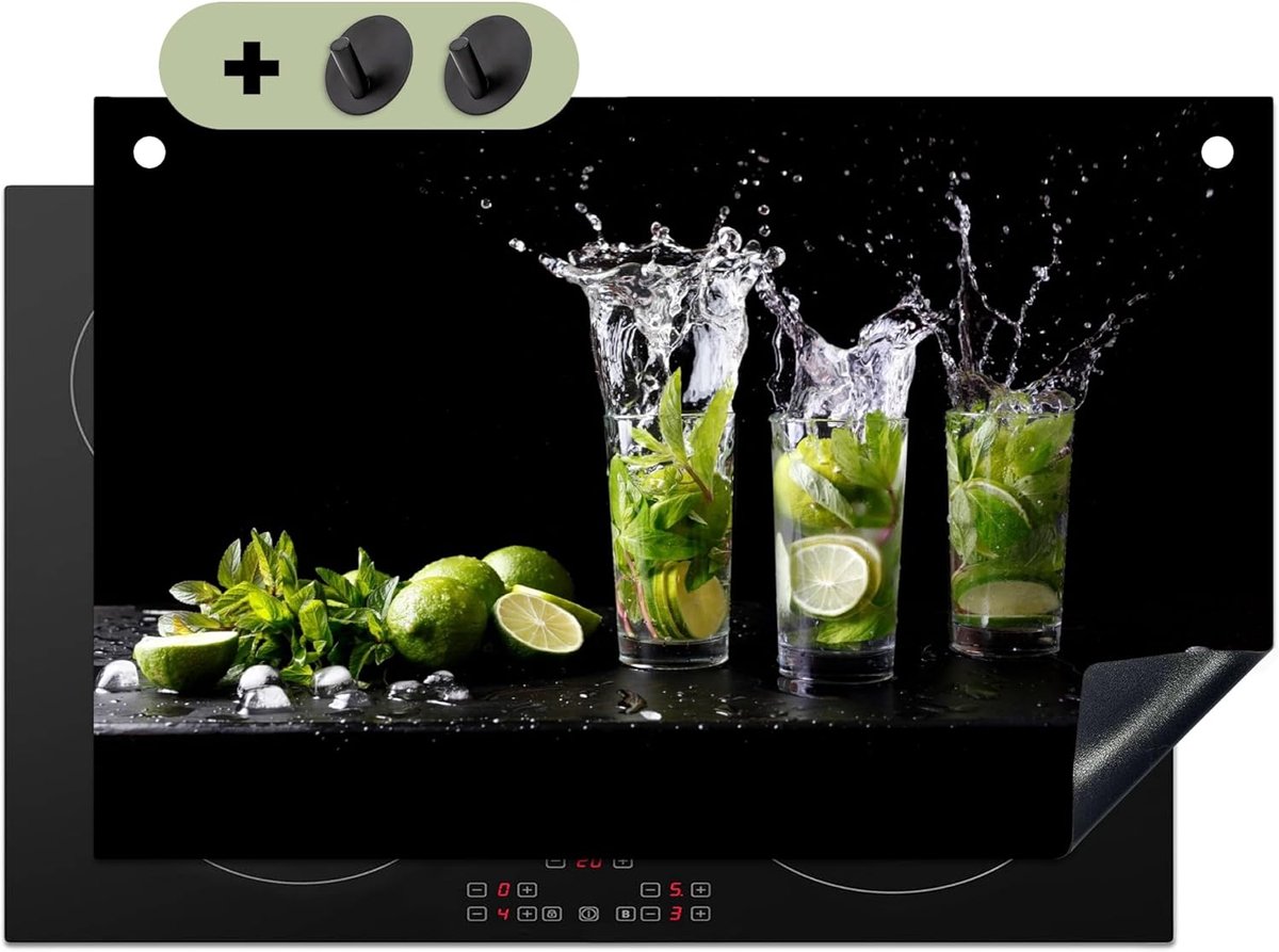 SnelShoppen - Inductie Beschermplaat 52x80cm Keuken Decoratie Antislipmat Splash Guard Achterwand Limoen - Munt - Glas - Cocktail