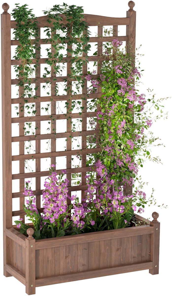 Plantenbak met klimrek - Bloembak - Afmetingen: 64L x 28l x 120H cm - Lattenbodem - Carboniseerde massieve spruce | Bloembak, bodem met latten, hout, voor buiten, groot formaat, Kastaanse