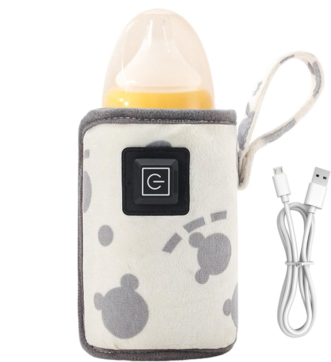 Witte USB babyfles verwarmhoes met grijze cartoonprint, draagbare opwarmhoes met aan/uit schakelaar en draaglus, universele fleswarmer voor auto, kinderwagen en reisgebruik