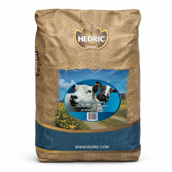 Zak met HEDRIC FEED schapenkorrels, met twee schapen op de voorkant. "SCHAPENKORREL GRANULÉ MOUTONS SCHAAPPELLOTS"