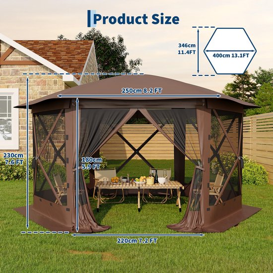 Triumpunpre Pop-up Tuinpaviljoen Zeszijdig 3,6x3,6m - Opvouwbare Gazebo met 6 Zijwanden & Muggengaas - Overkapping met Dakrand - 210D Polyester - snel opzetten - Beige/Khaki - voor Tuin, Terras, Camping, Feest & Barbecue — afbeelding 3