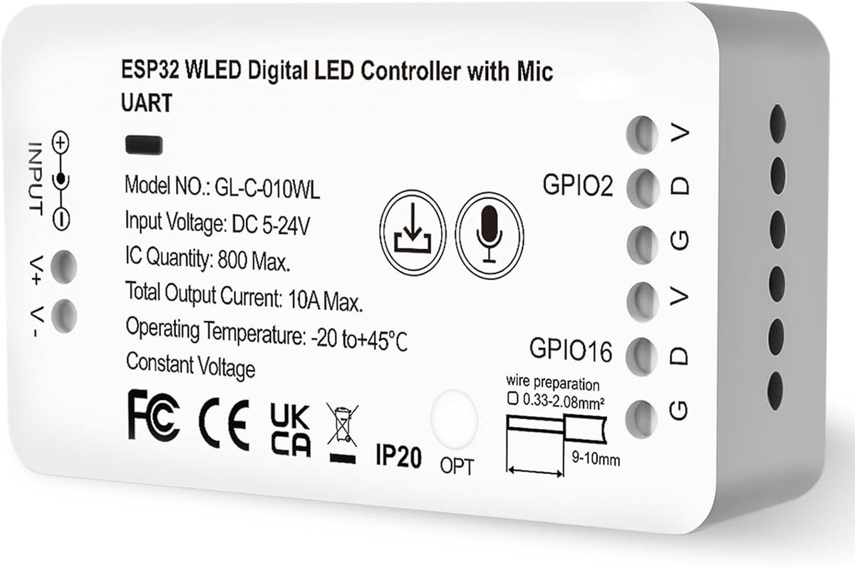 Allecto plus - WLED Controller met Microfoon voor RGB LED Strips - DIY Lichtbesturing met 100+ Effecten