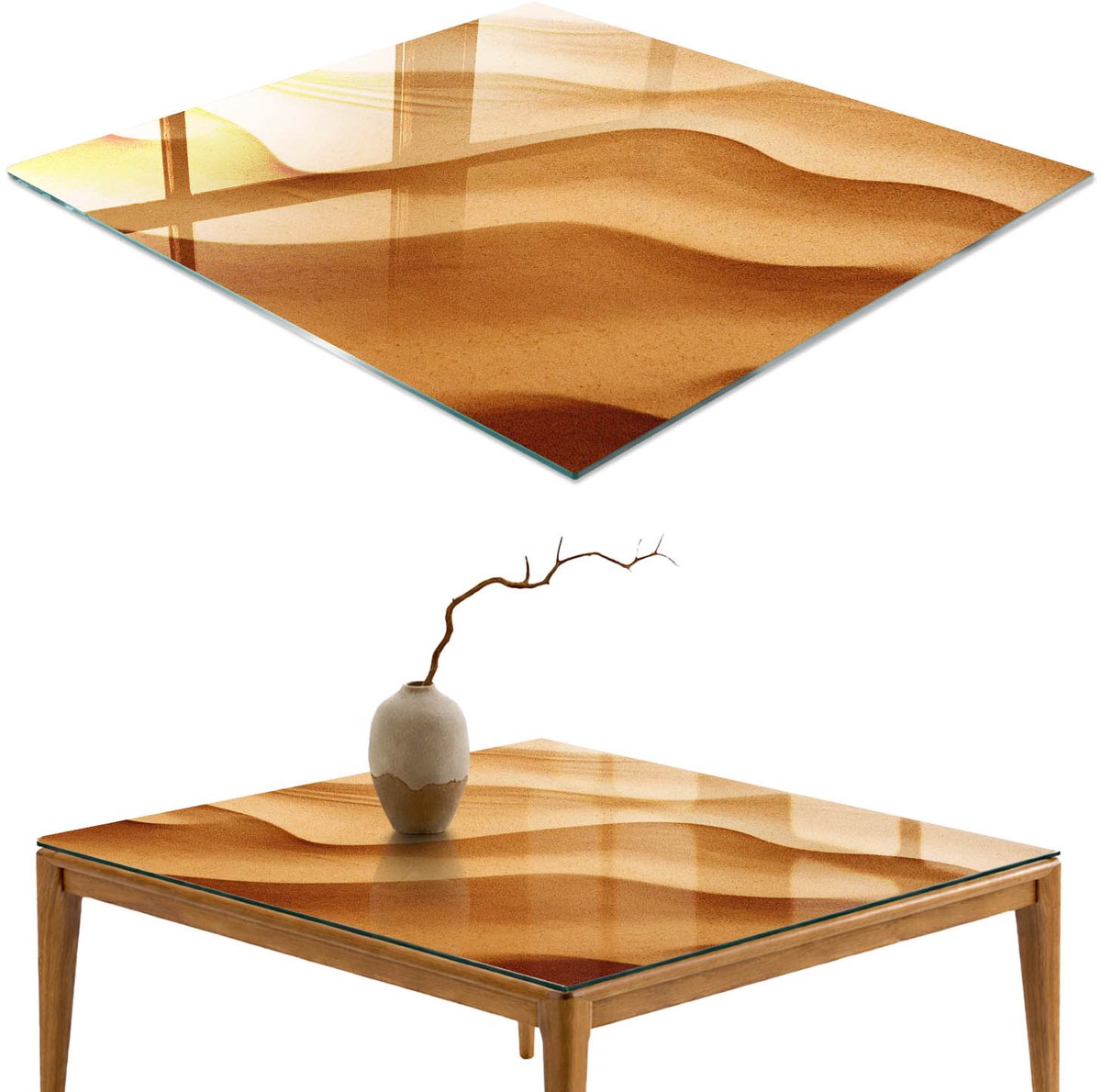 ArtPrintCave Zandgolven Glazen Tafelblad - 50x50 cm - Tafelblad Vierkanten - Beige Keukentafel - Abstractie Keukentafel