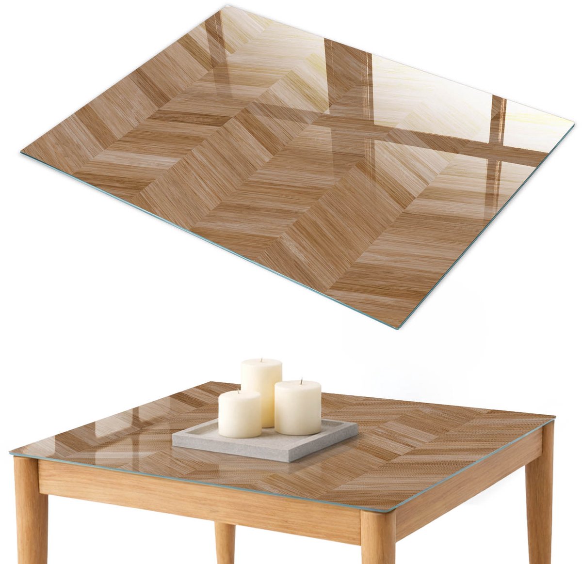 ArtPrintCave Houten visgraatmotief Glazen Tafelblad 100x70 cm - Tafelblad Rechthoek - Bruin Eettafel Met Glasplaat - Texturen Tafelblad Glas