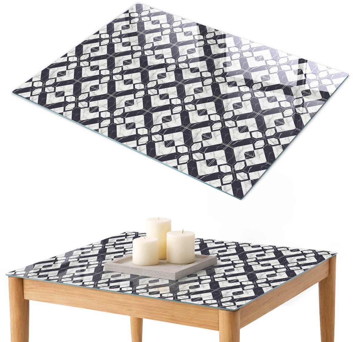 ArtPrintCave Geometrische patronen Glazen Tafelblad 100x70 cm - Tafelblad Rechthoek - Zwart Glasplaat - Geometrie Glazen Eettafel