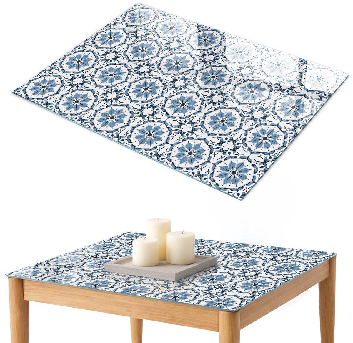 ArtPrintCave Tegelmozaïek Glazen Tafelblad 100x70 cm - Tafelblad Rechthoek - Blauw Keukentafel - Achtergronden en patronen Glazen Eettafel